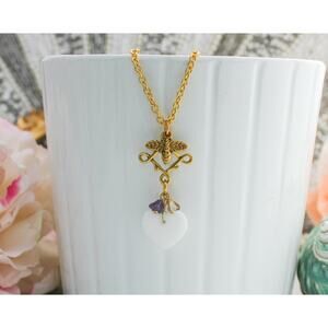 Antique Gold Bee & Flower Heart Necklace Math in Nature Charm 18" Gold Chain